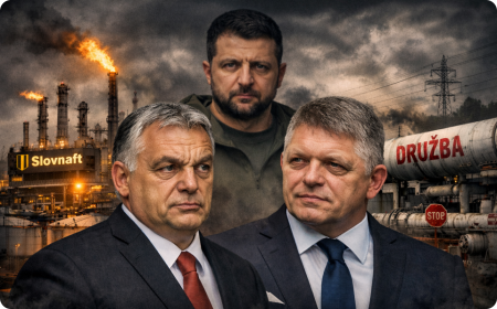Slovensko bez přítoku ropy: Družba zastavena, Slovnaft čerpá strategické rezervy Robert Fico a Viktor Orbán před rafinerií Slovnaft, v pozadí Volodymyr Zelenskyj a ropovod Družba