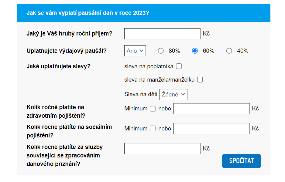 Kalkulačka paušální daně v ČR pro rok 2023