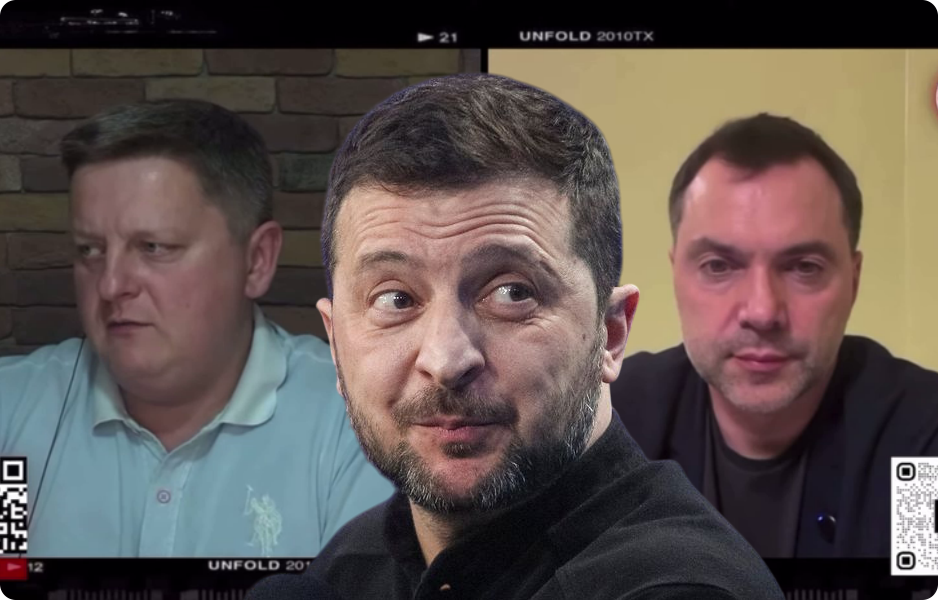 Fotografie bývalého poradce Alexeje Arestoviče, který při projevu hrozí uvězněním prezidenta Zelenského a jeho party doživotním vězením.