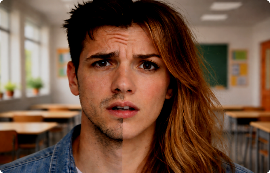 Symbolický obraz znázorňující konflikt mezi školním prostředím a ideologickou stylizací pohlaví v rámci veřejně financovaného vzdělávání.