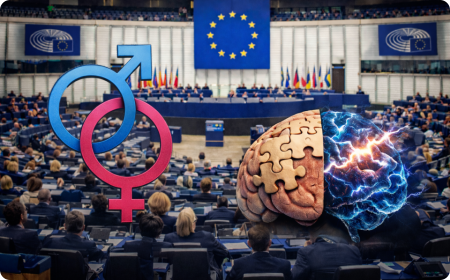 Evropský parlament a debata o biologickém pohlaví Interiér Evropského parlamentu s globusem a symbolem pohlaví znázorňující spor o biologii a genderovou politiku